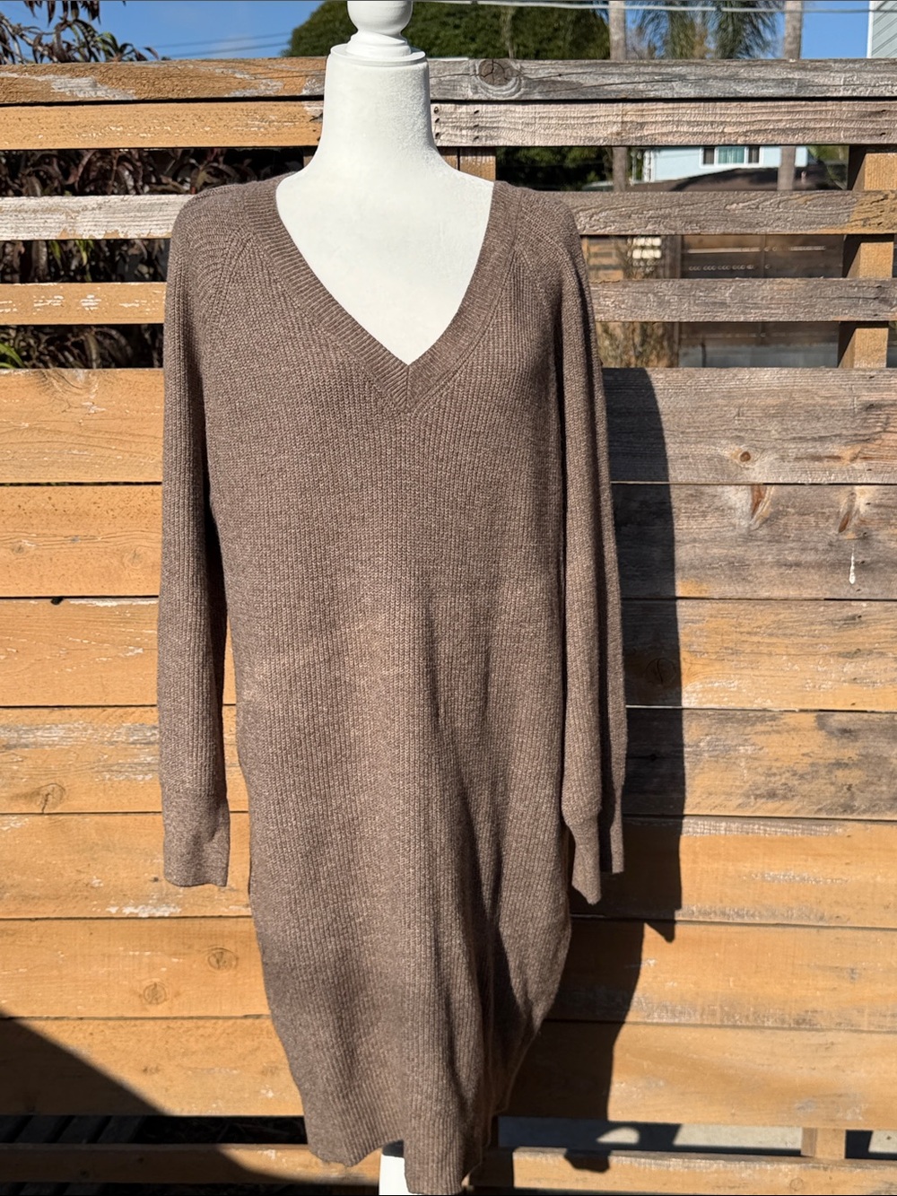 V-Neck Long Sleeve Knit Sweater Dress - Brown